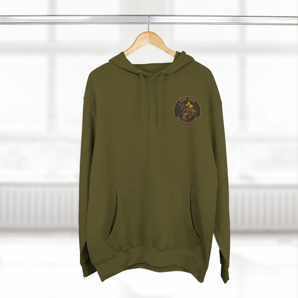 Army green pullover hoodie with kangaroo pocket, hood, and small chest emblem.