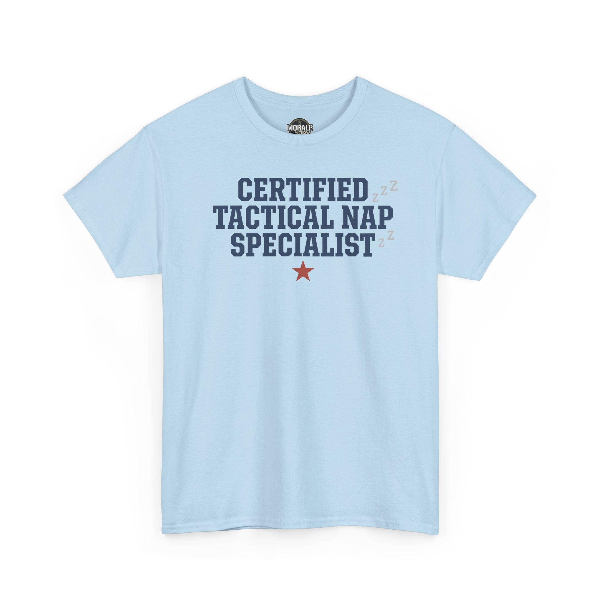 Light blue tactical nap specialist tee with "Certified Tactical Nap Specialist" graphic