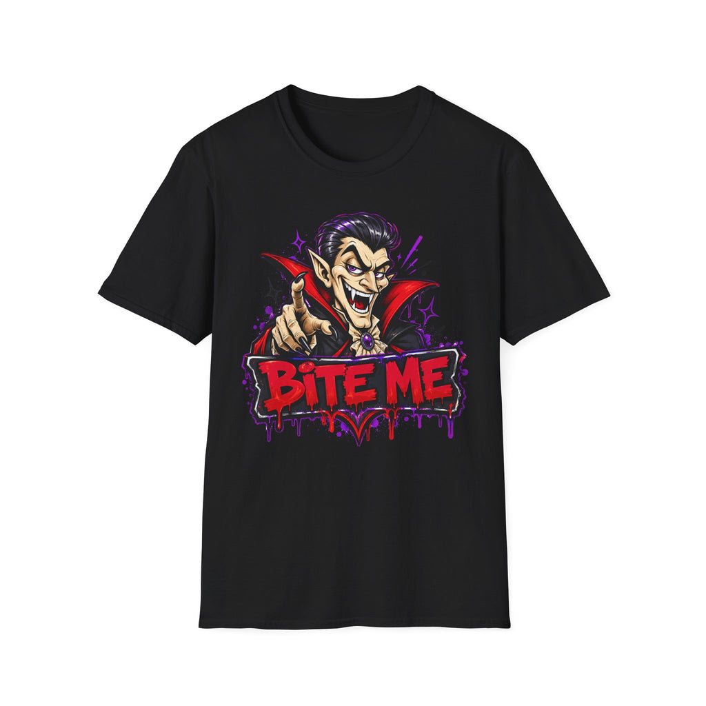 Black t-shirt with vampire bite graphic on the front