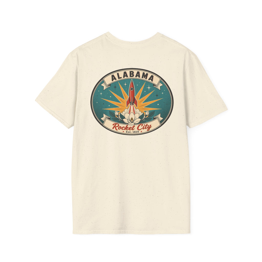 Natural/off-white T-shirt with circular Alabama Rocket City rocket graphic on chest