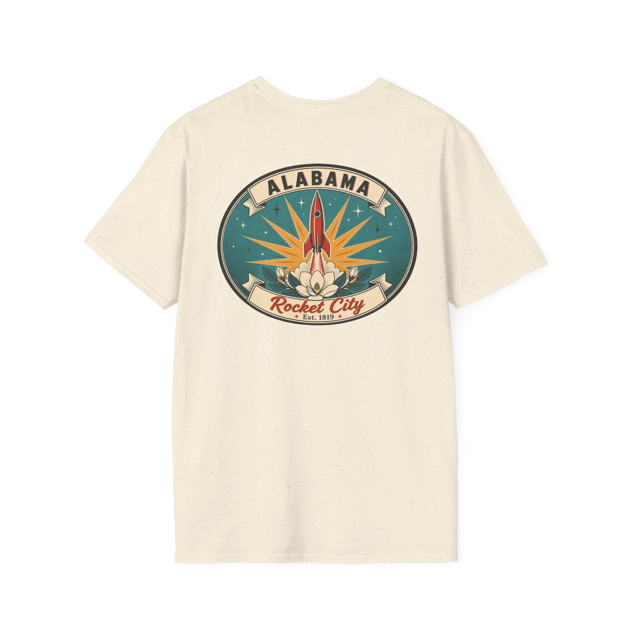 Natural/off-white T-shirt with circular Alabama Rocket City rocket graphic on chest