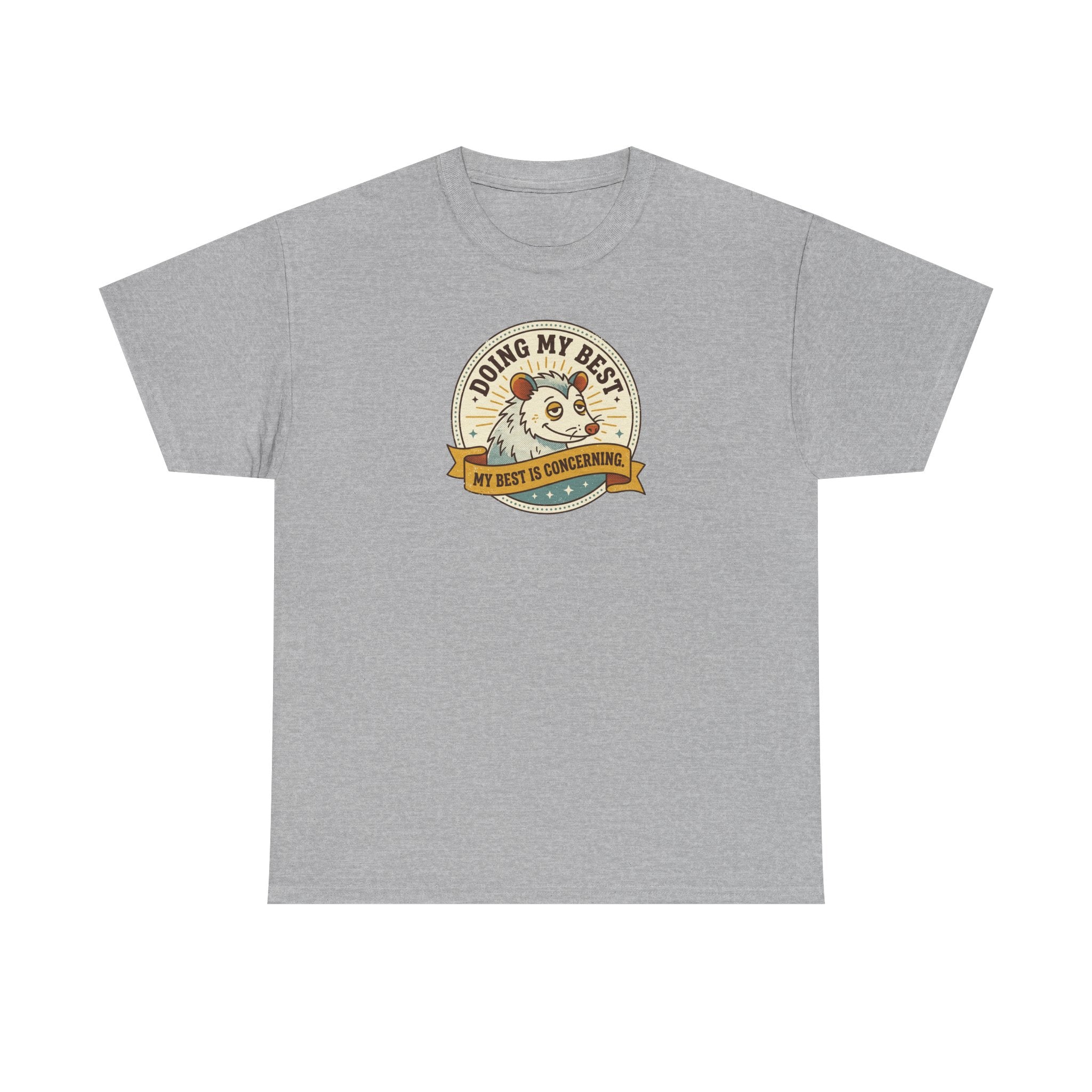 Sport gray sloth graphic T-shirt with round badge-style front print