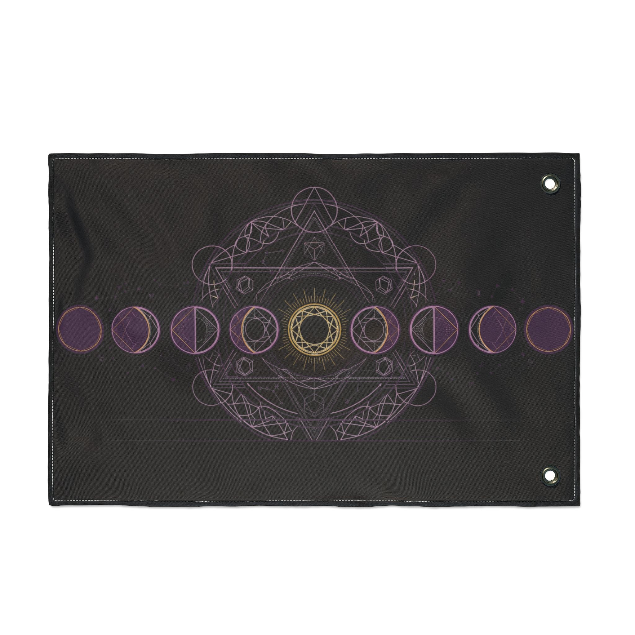 Black moon-phase flag with purple ring row and gold eye mandala, corner grommets visible.