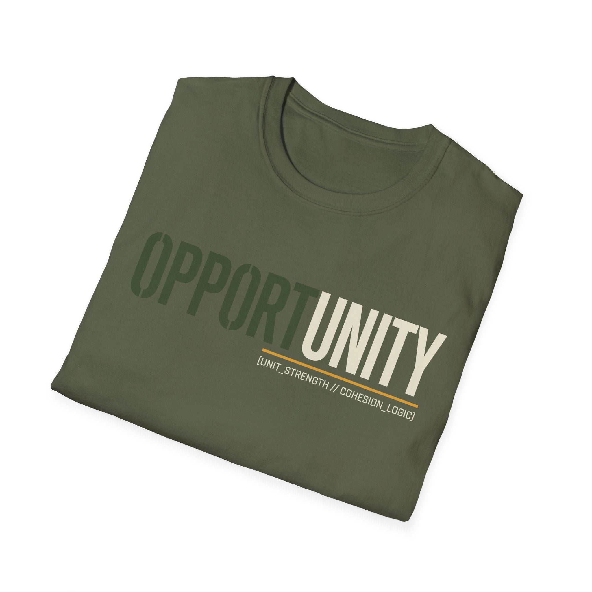 Opportunity in Unity T-Shirt, military green, “OPPORTUNITY” unity quote graphic