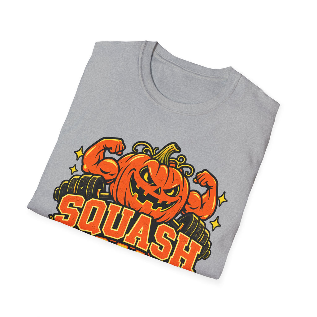 Heather gray Halloween gym T-shirt with orange pumpkin 'SQUASH' workout graphic