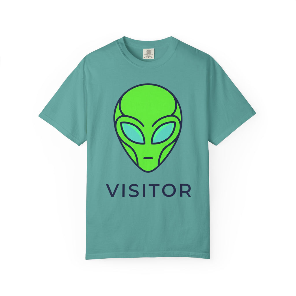 Teal T-shirt with neon green alien head graphic and word VISITOR