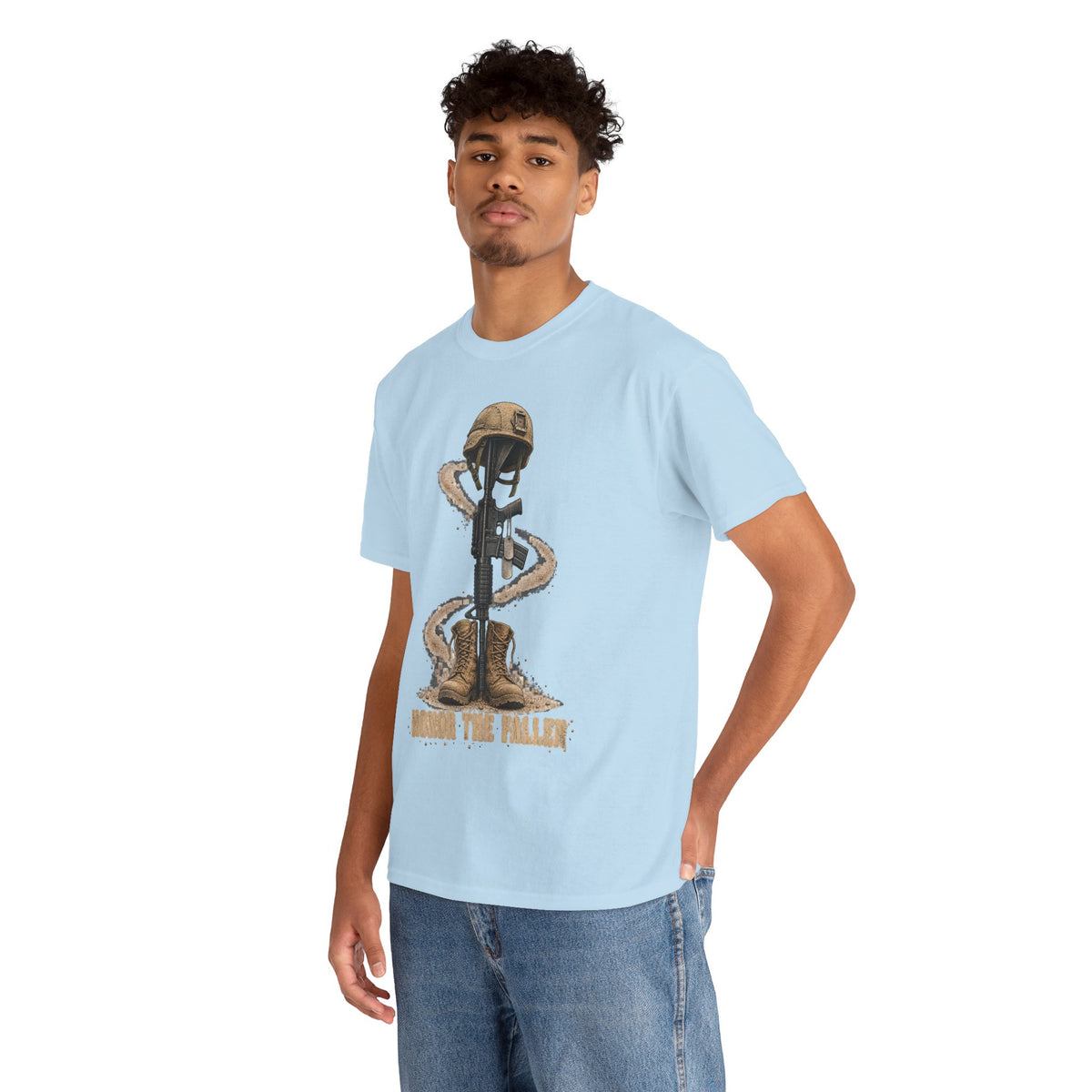 Light blue T-shirt worn by model with distressed soldier helmet and rifle front graphic