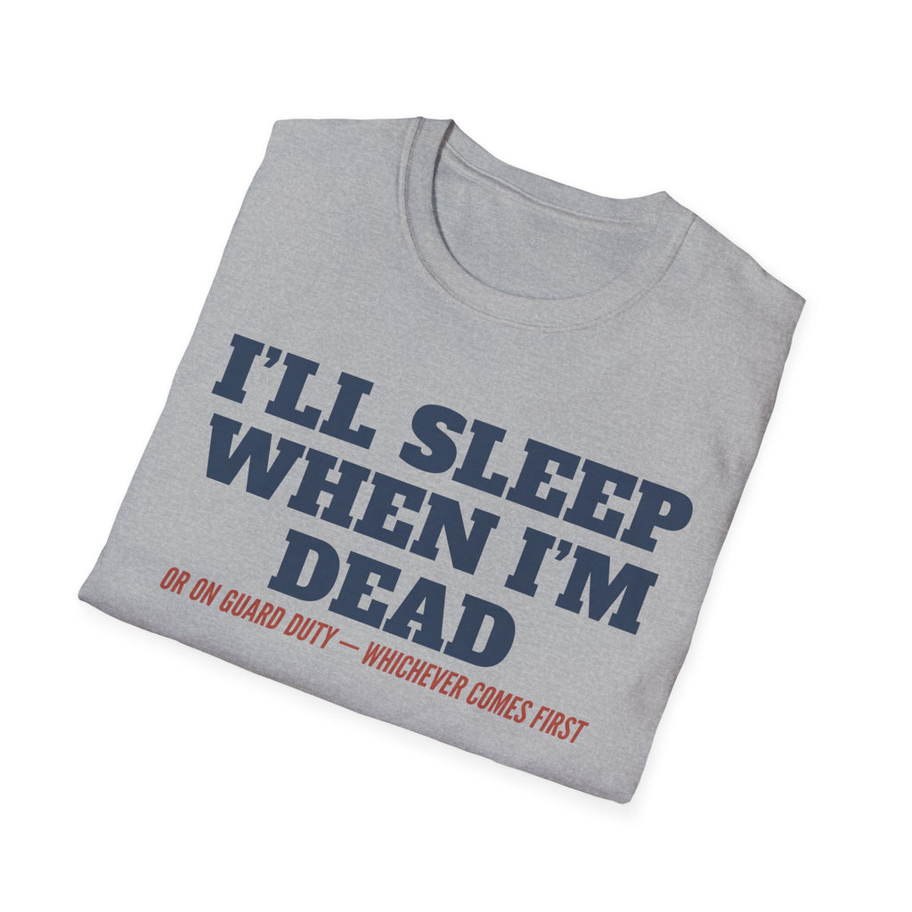 Light gray crewneck T-shirt with bold blue and red slogan graphic text on the chest