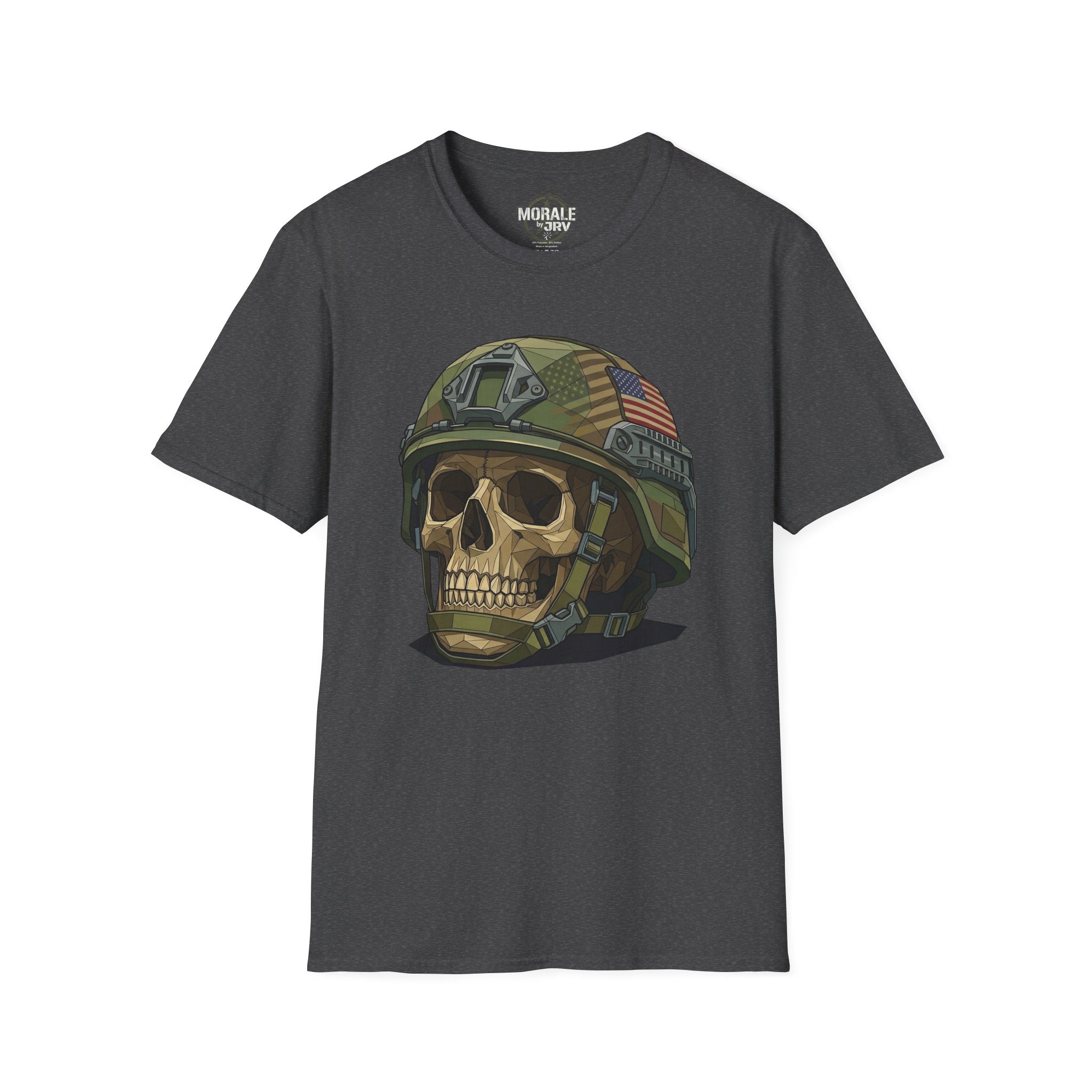 Dark heather T-shirt with camo military helmet skull and American flag patch graphic