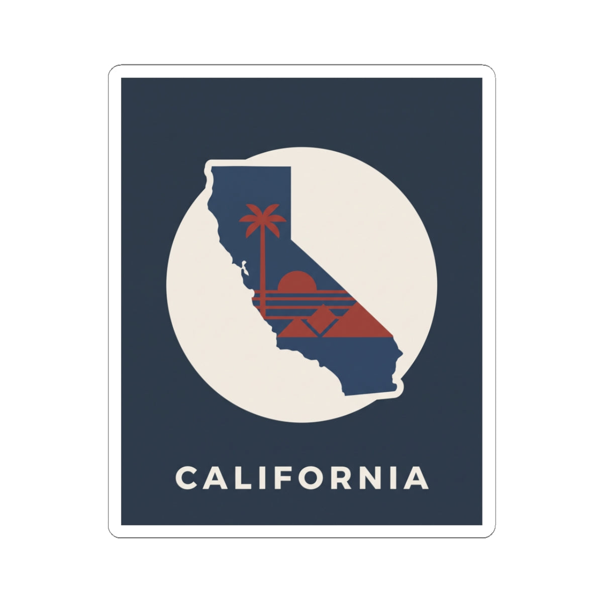 California silhouette sticker: navy square, white circle, red sunset details, "CALIFORNIA"