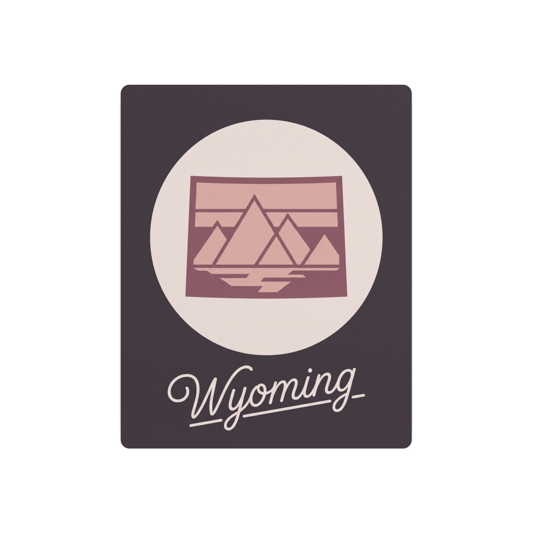 Square mauve metal wall art with oval landscape emblem and script “Wyoming”