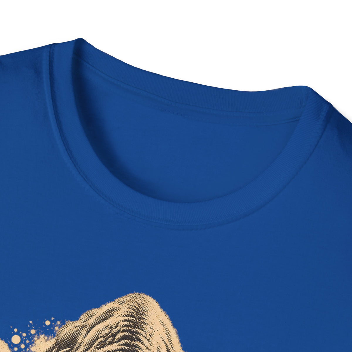 Royal blue crew-neck T-shirt neckline with partial tan bison graphic
