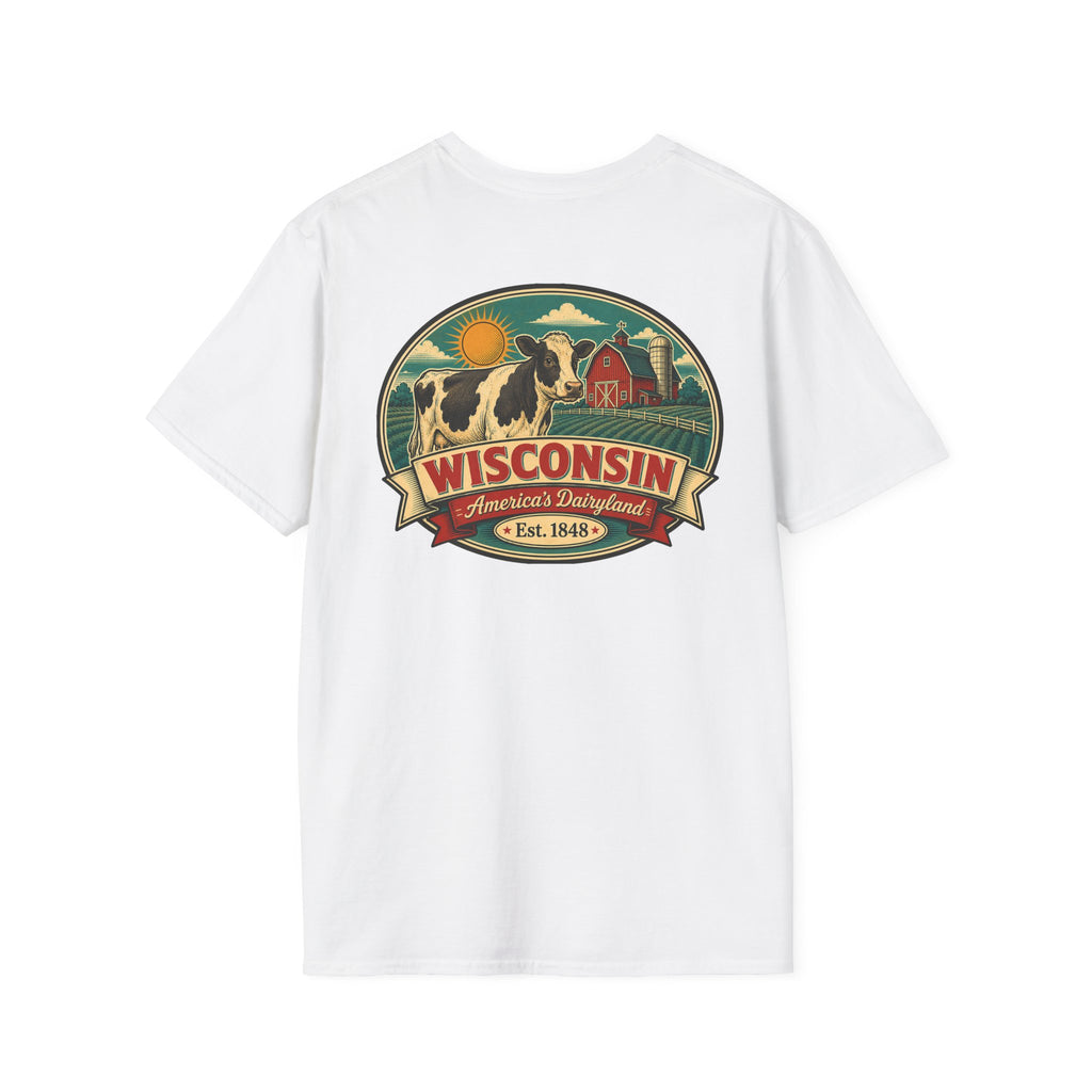 White Wisconsin graphic t-shirt with crest logo and cow illustration.