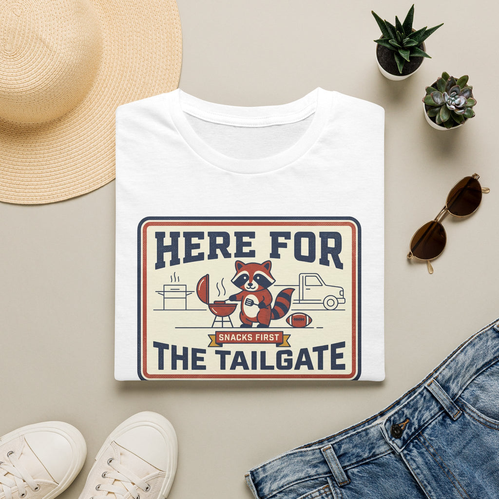 White crewneck T-shirt with “Here for the Tailgate” raccoon graphic