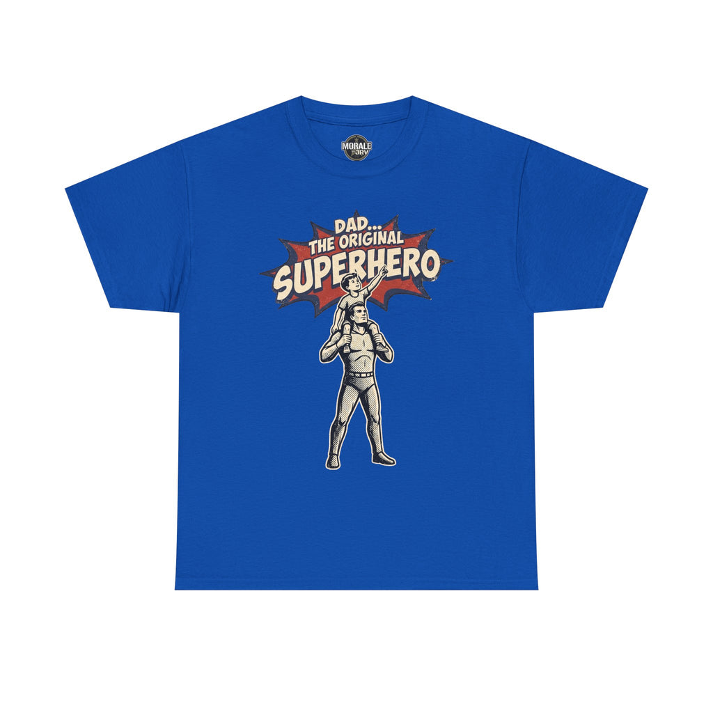 Royal blue crewneck T-shirt with retro comic superhero dad graphic on the chest