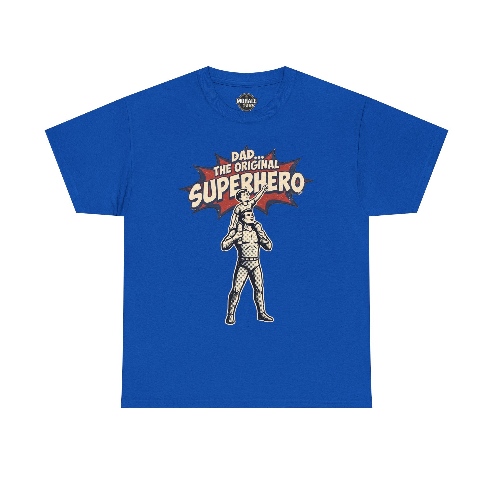 Royal blue crewneck T-shirt with retro comic superhero dad graphic on the chest