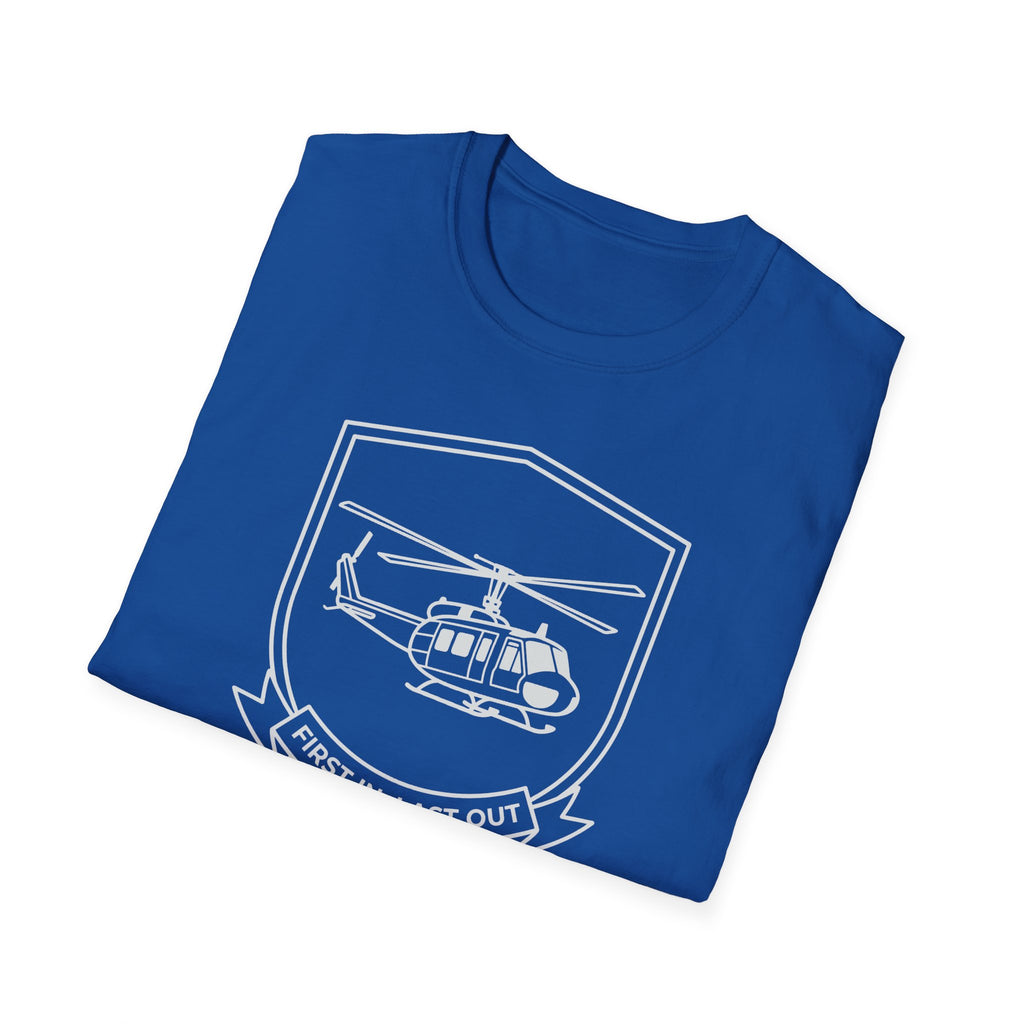Royal blue rescue helicopter T-shirt with white helicopter emblem and ribbon graphic