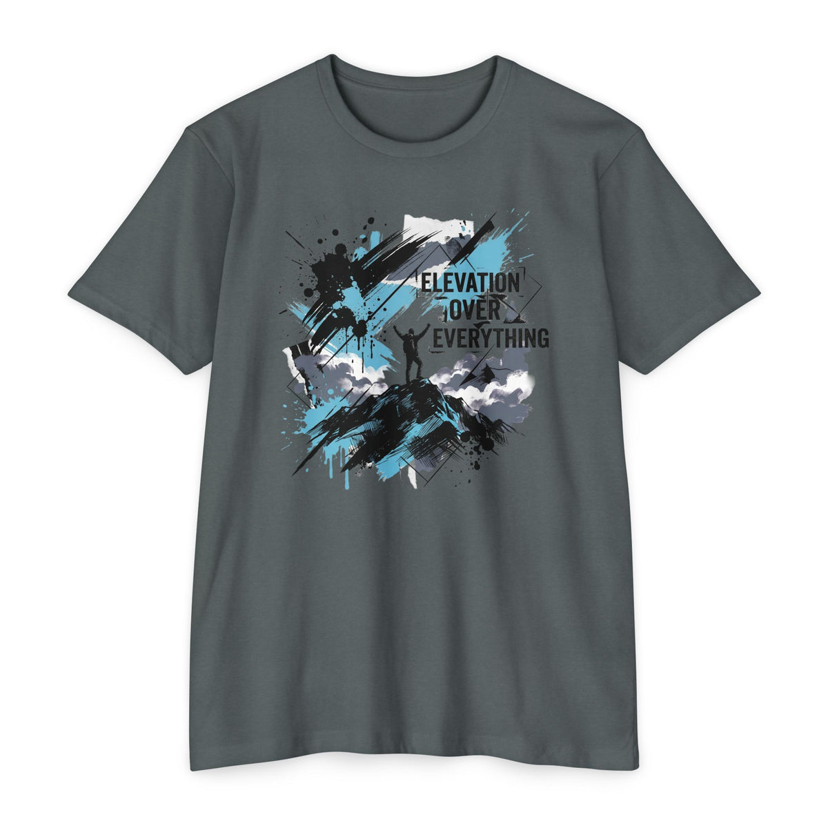Crewneck T-shirt in teal blue with front paint-splash mountain graphic in blue and black