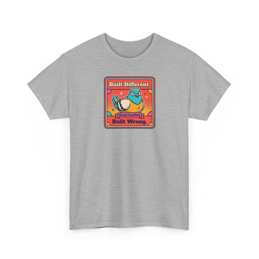 Charcoal T-shirt with bird slogan graphic, front