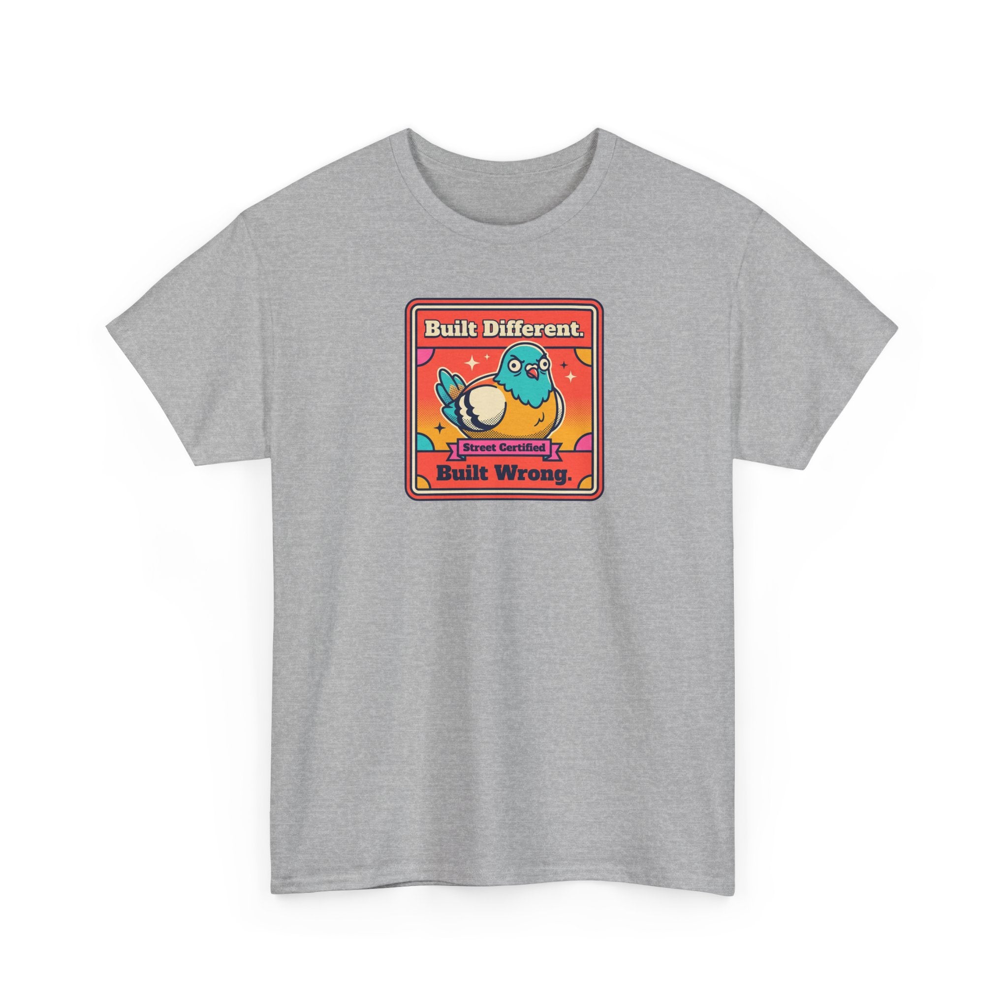 Charcoal T-shirt with bird slogan graphic, front