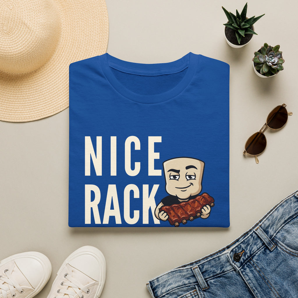 Royal blue T-shirt with bold “Nice Rack” letters and cartoon BBQ ribs graphic