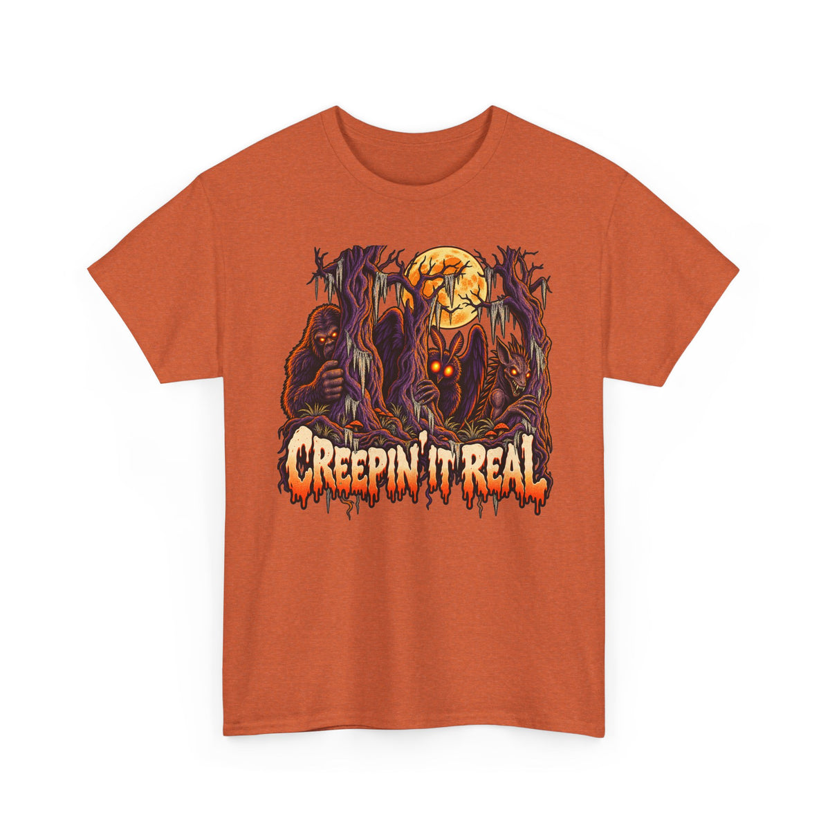 Halloween monster graphic T-shirt in antique orange with orange skull and claw print