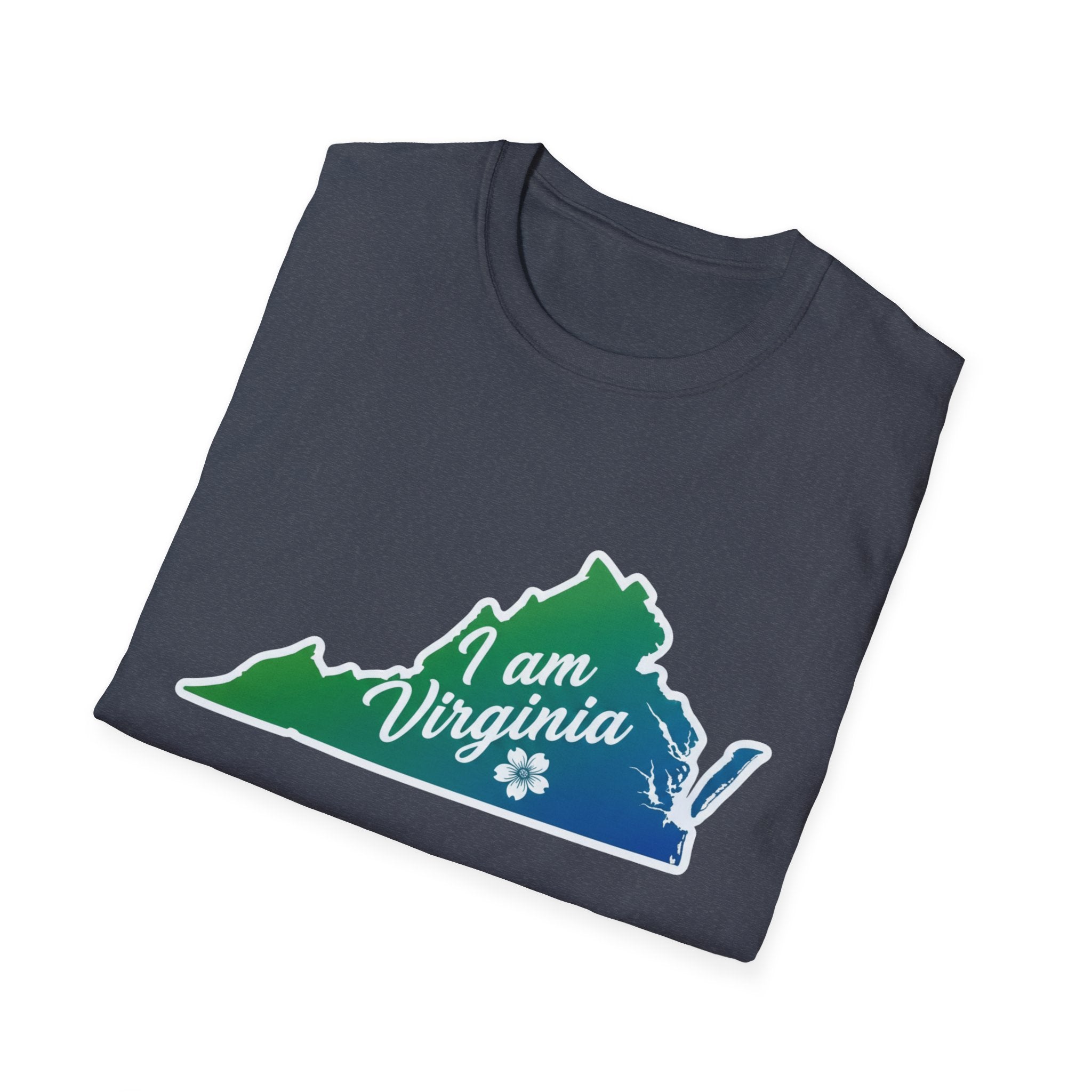 Dark slate T-shirt with “I am Virginia” state graphic in green and blue