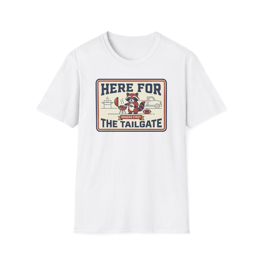 White unisex graphic tee featuring 'Here for the Tailgate' raccoon BBQ print