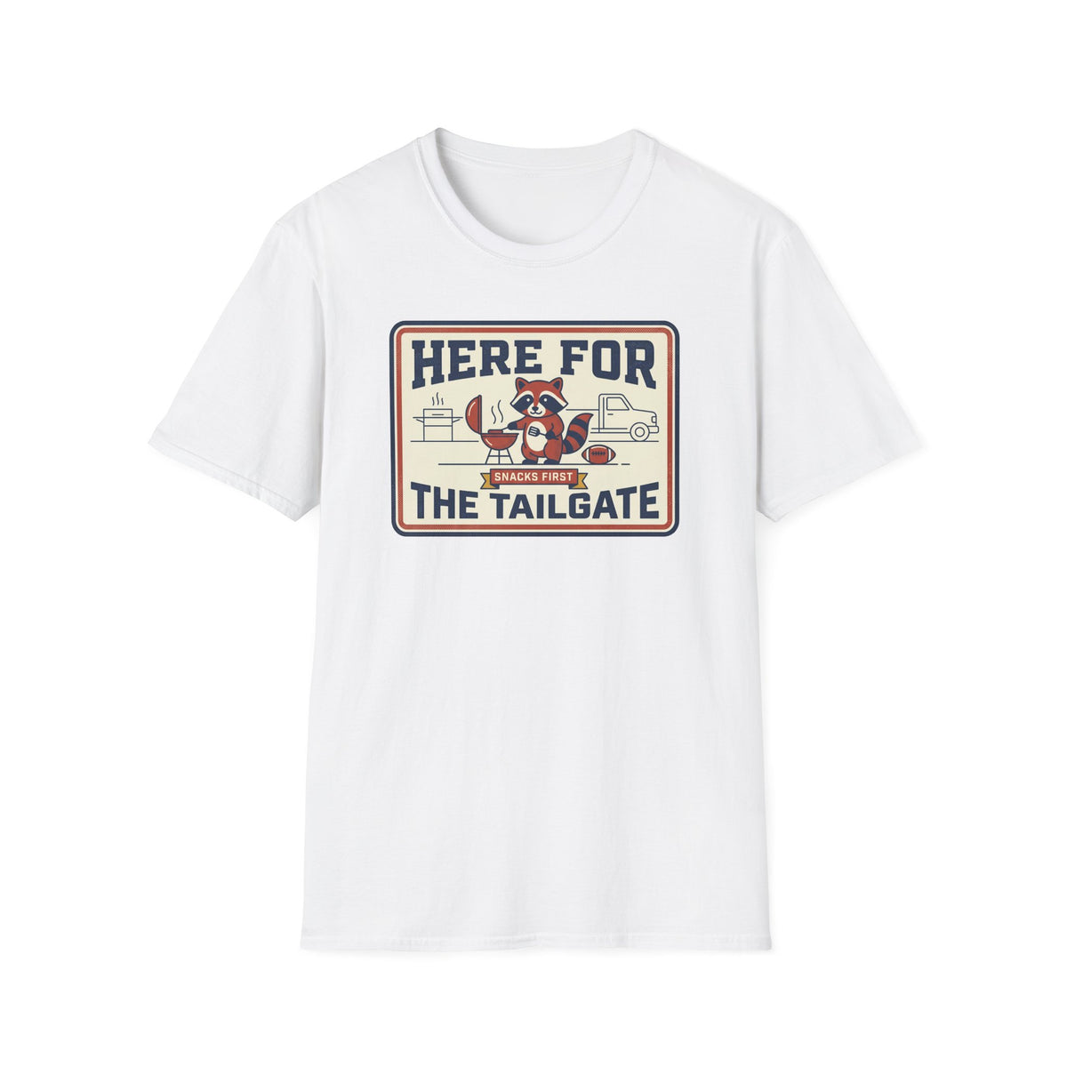 White unisex graphic tee featuring 'Here for the Tailgate' raccoon BBQ print