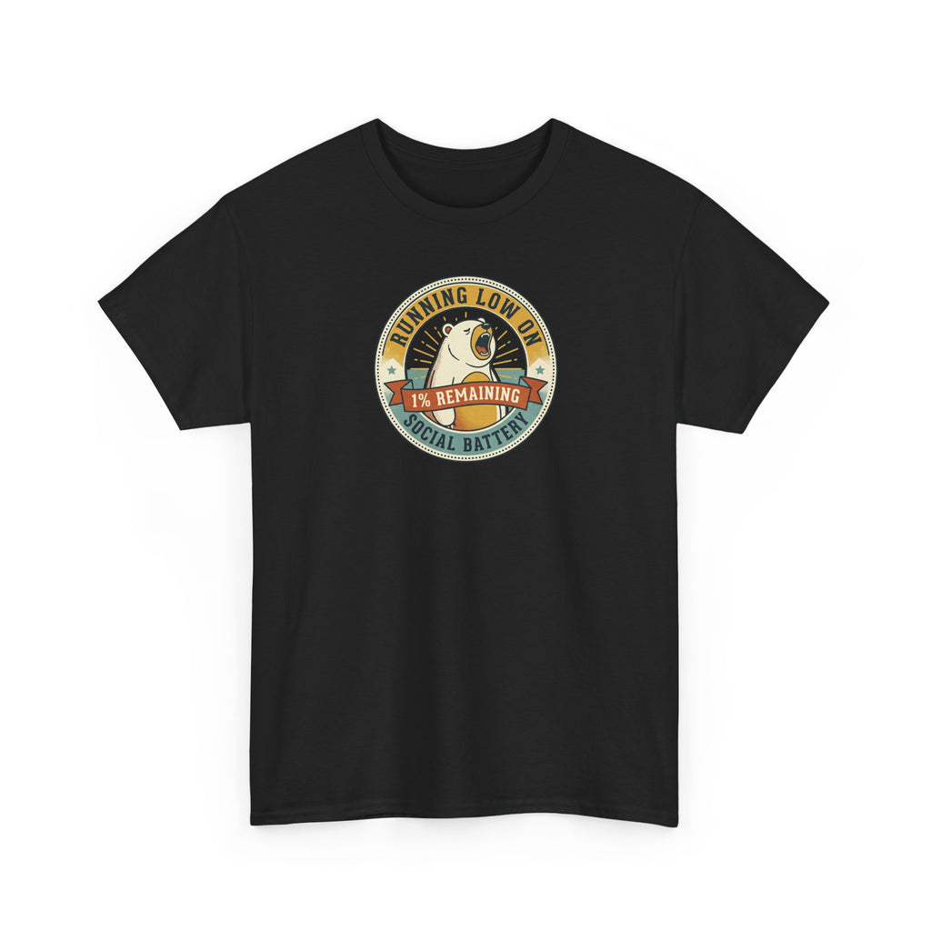Black crewneck T-shirt with circular “Running Low…” graphic on front