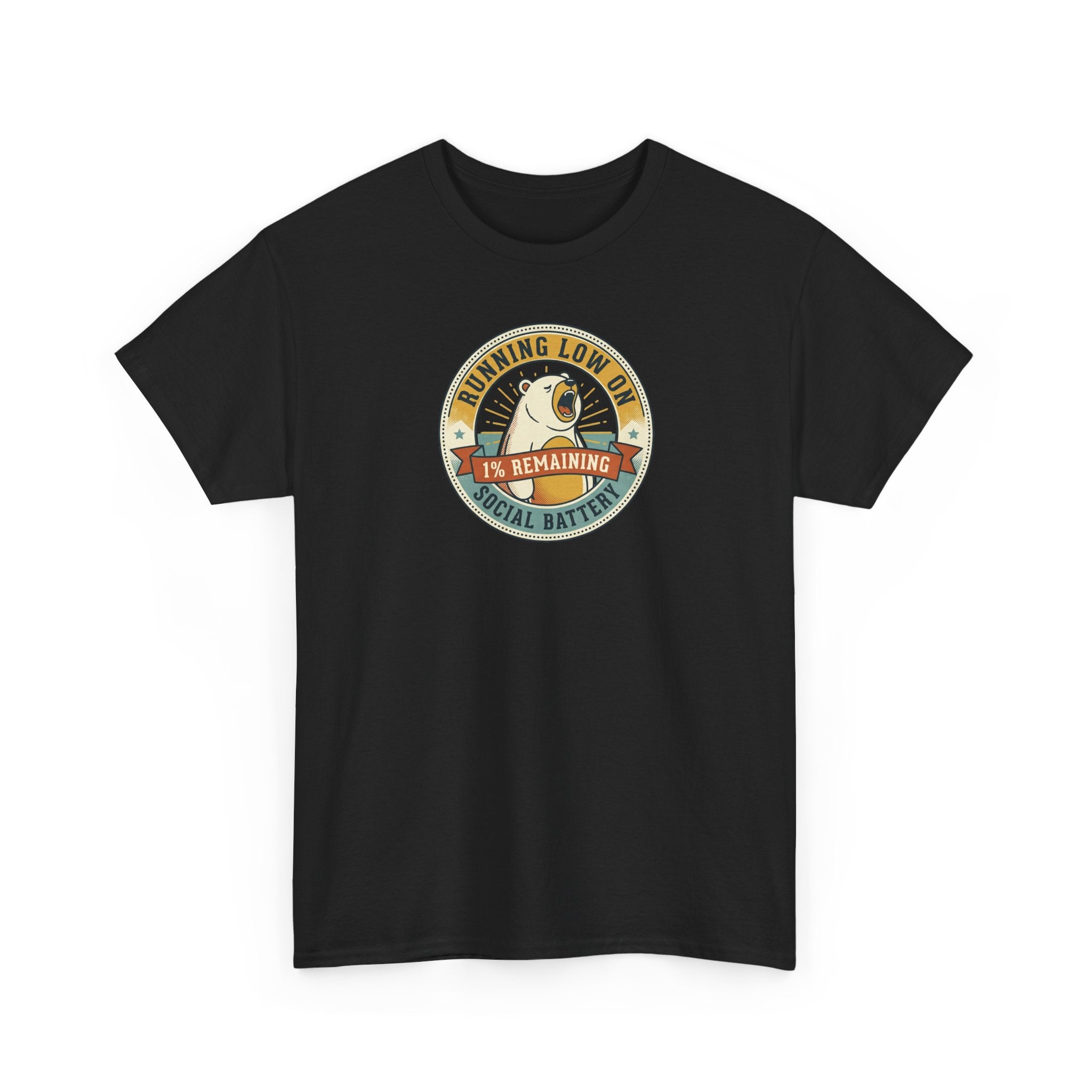 Black crewneck T-shirt with circular “Running Low…” graphic on front