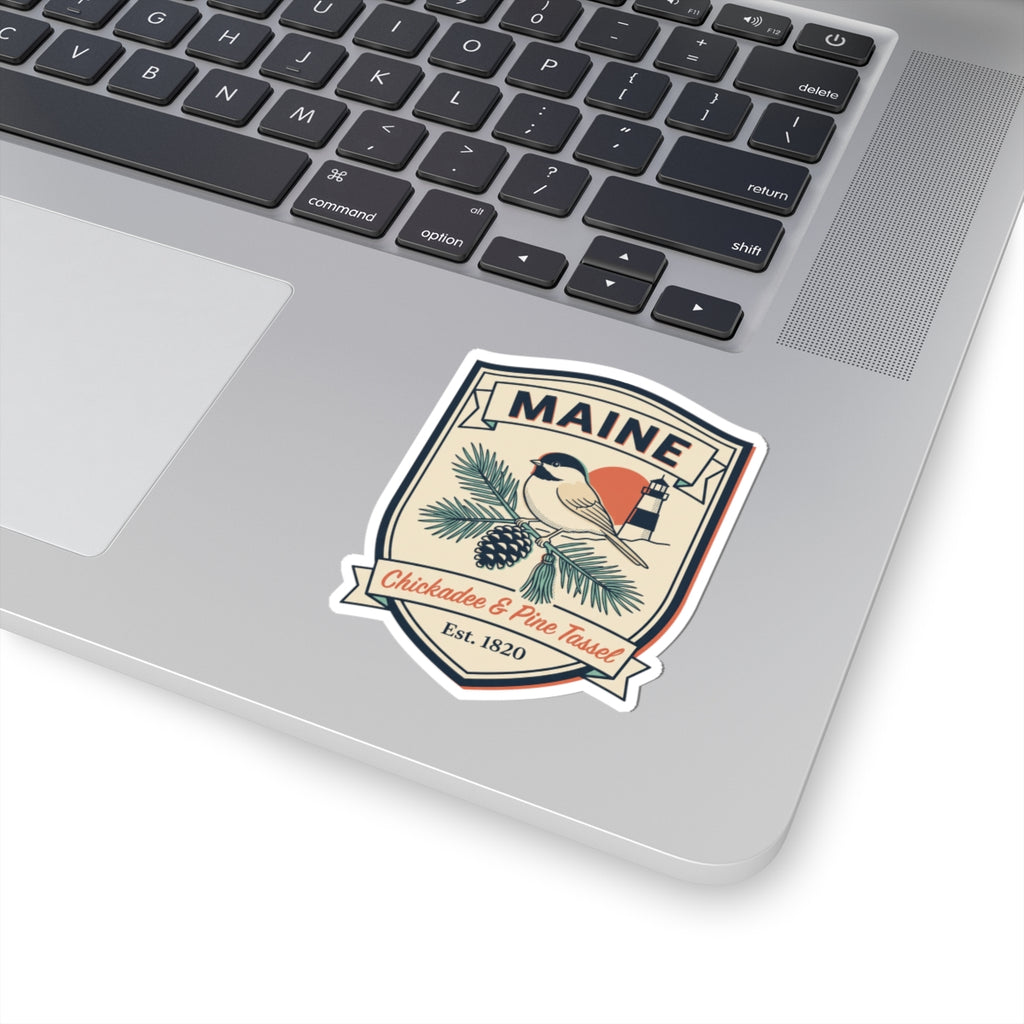 Maine vintage badge decal sticker with bird, lighthouse, and pine greenery