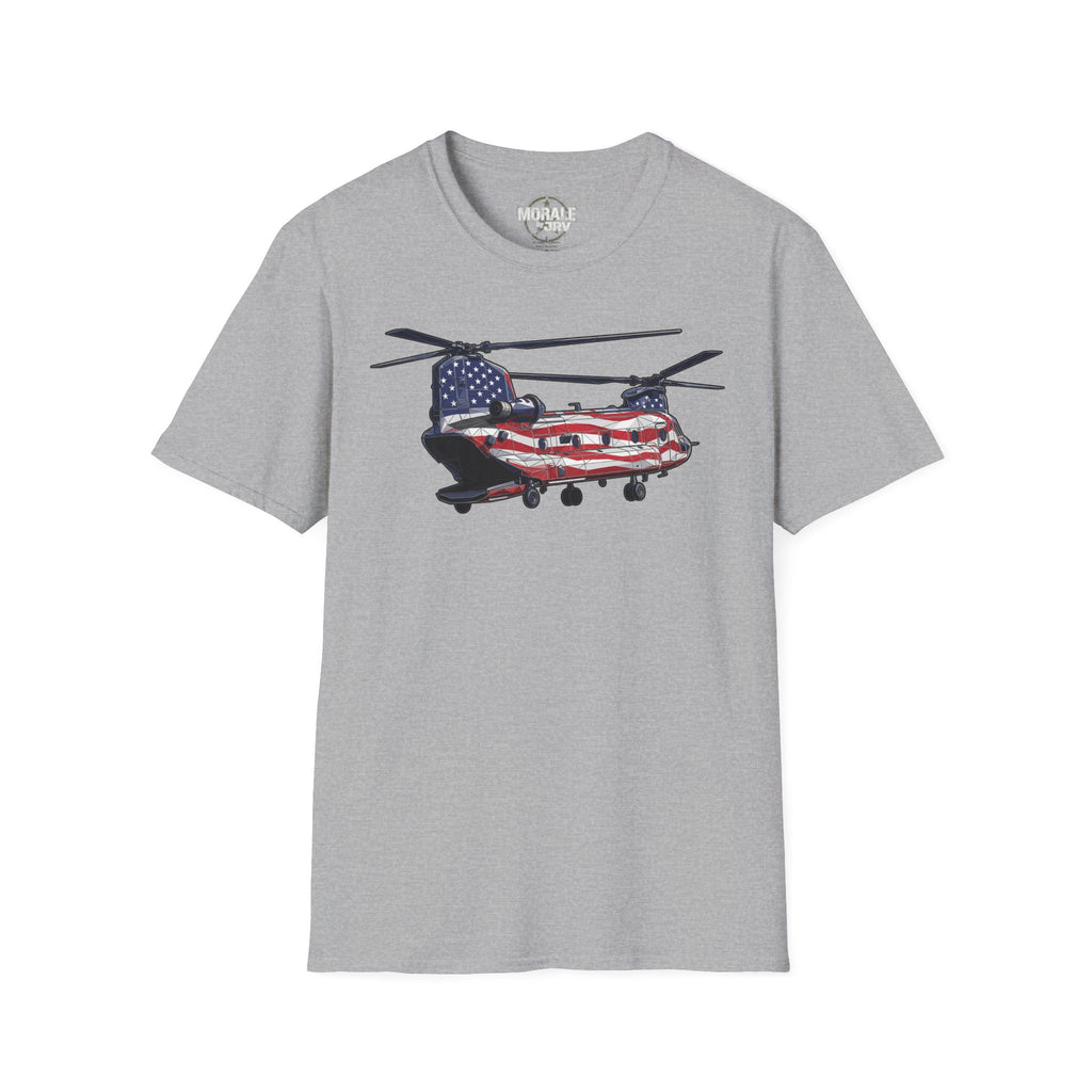 American Flag CH-47 Chinook T-shirt in light gray with red, white and blue helicopter graphic