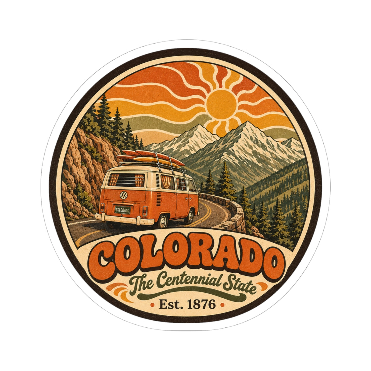 Round Colorado camper van decal featuring winding road, mountains, and orange sun