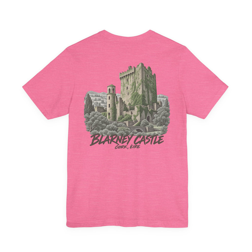 Pink short-sleeve t-shirt with vintage castle graphic on the chest