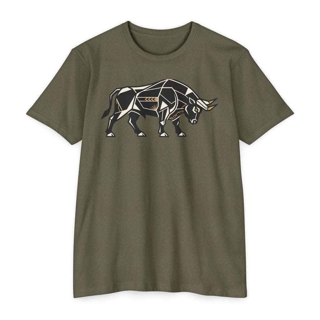 Olive green T-shirt with geometric charging bull graphic, crew neck, short sleeves