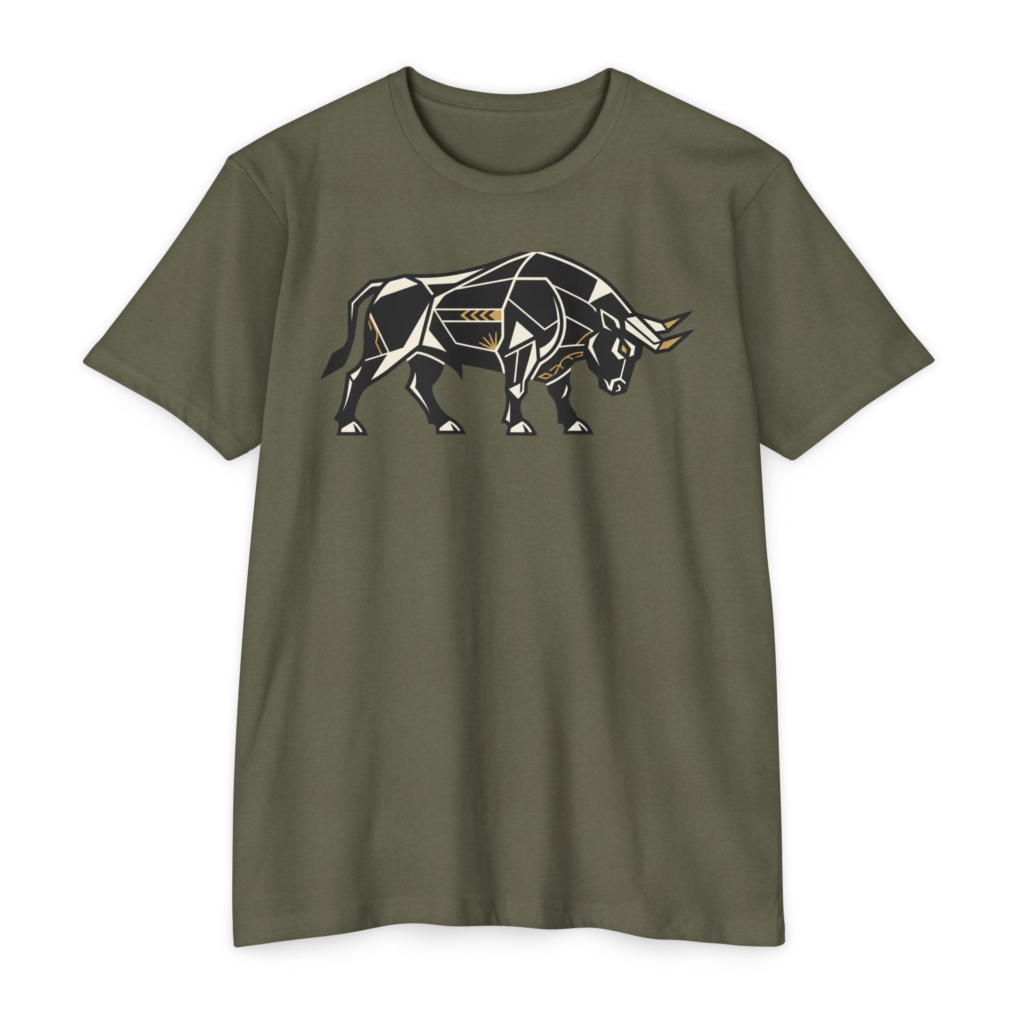 Olive green T-shirt with geometric charging bull graphic, crew neck, short sleeves