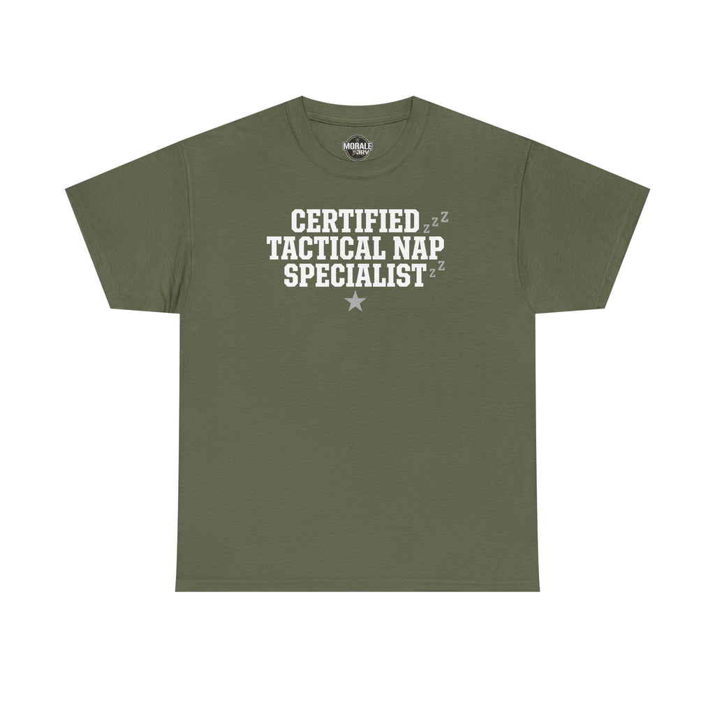 Olive green crew-neck T-shirt with “Certified Tactical Nap Specialist” text graphic and star