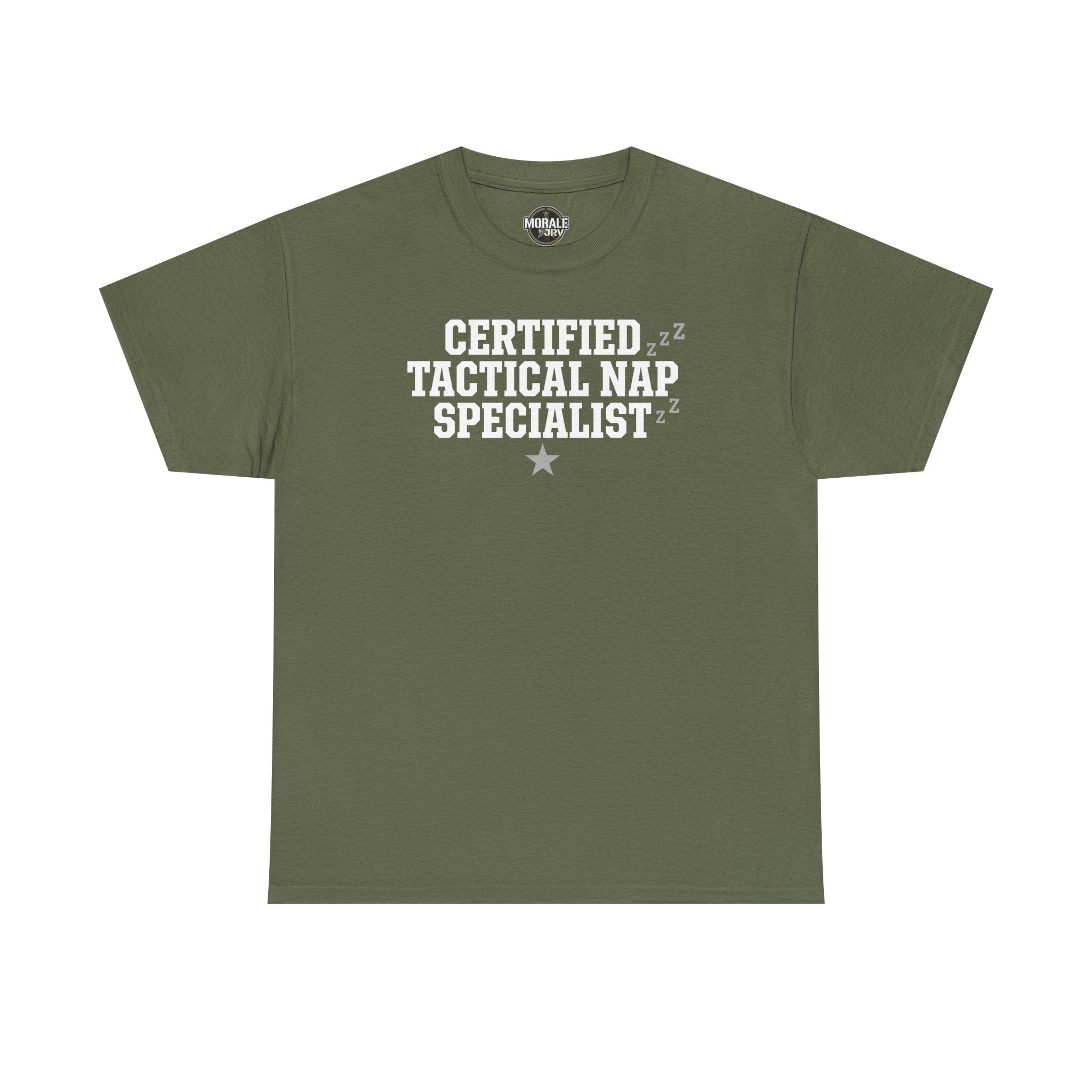 Olive green crew-neck T-shirt with “Certified Tactical Nap Specialist” text graphic and star