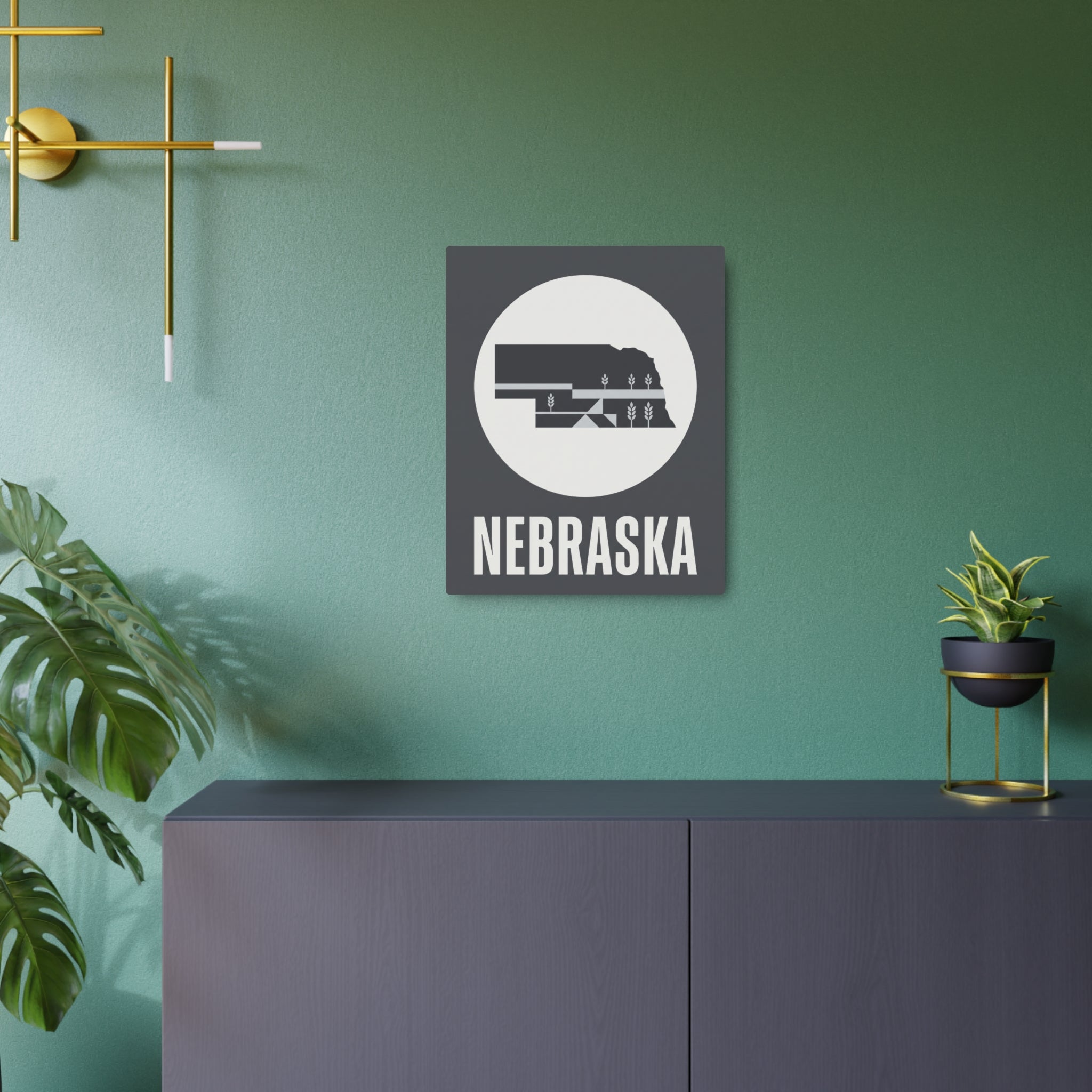 Square steel Nebraska wall art sign with wheat motif and raised outline, dark gray.
