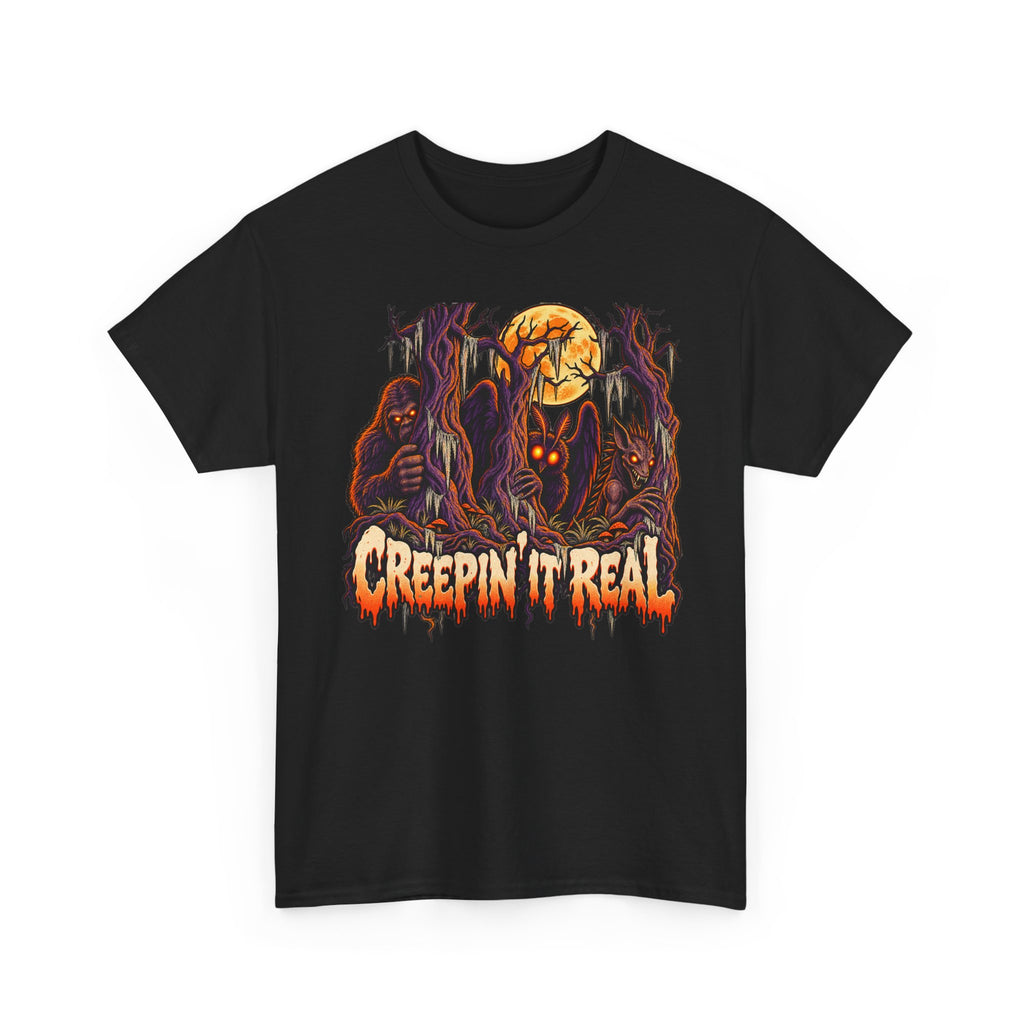 Halloween monster graphic T-shirt in black with orange skull and dark claw illustration