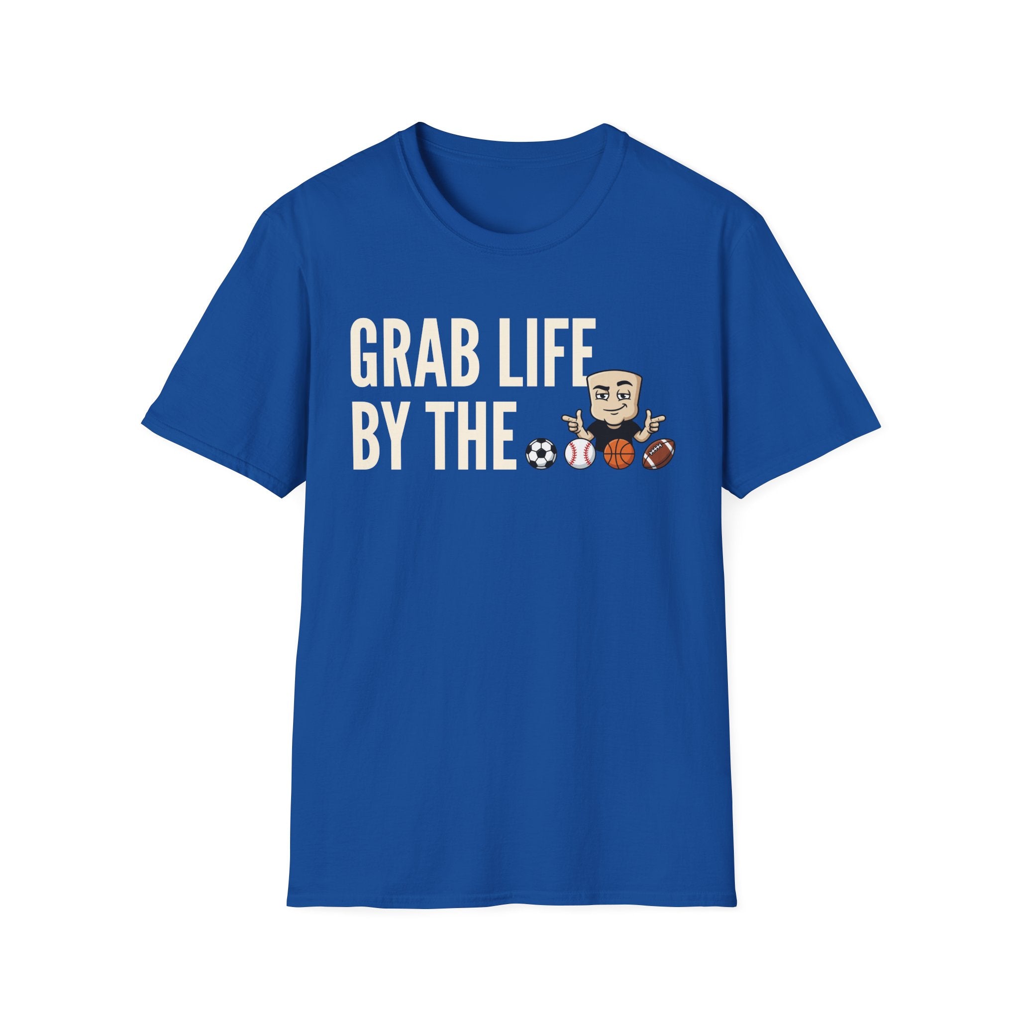 Royal blue T-shirt with motivational sports ball graphic and “GRAB LIFE BY THE” text