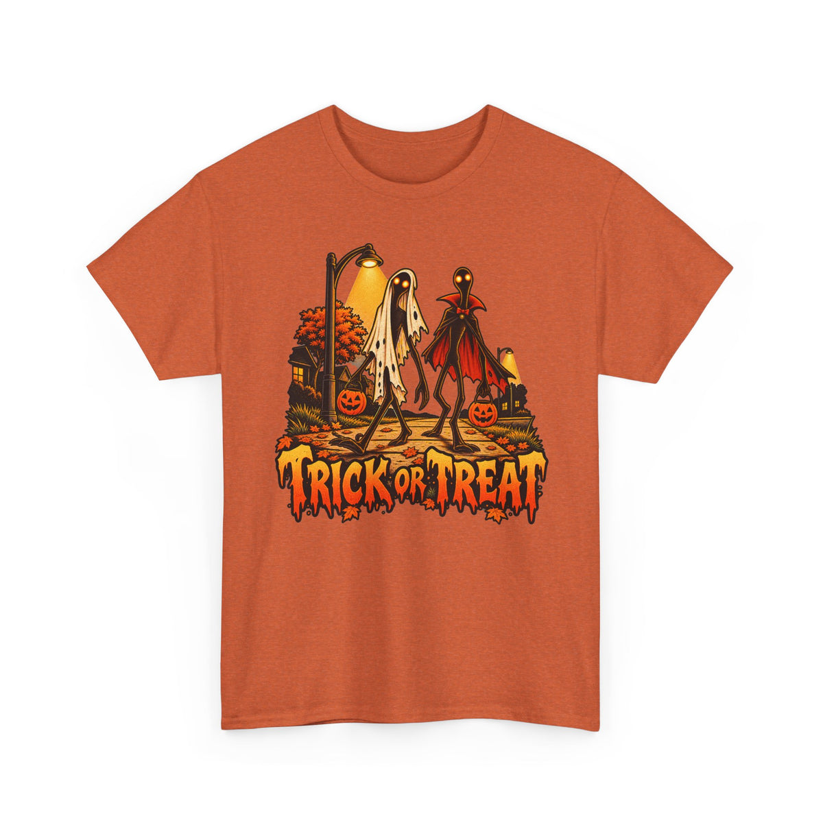 Orange Halloween T-shirt with ghost, vampire and 'Trick or Treat' front graphic