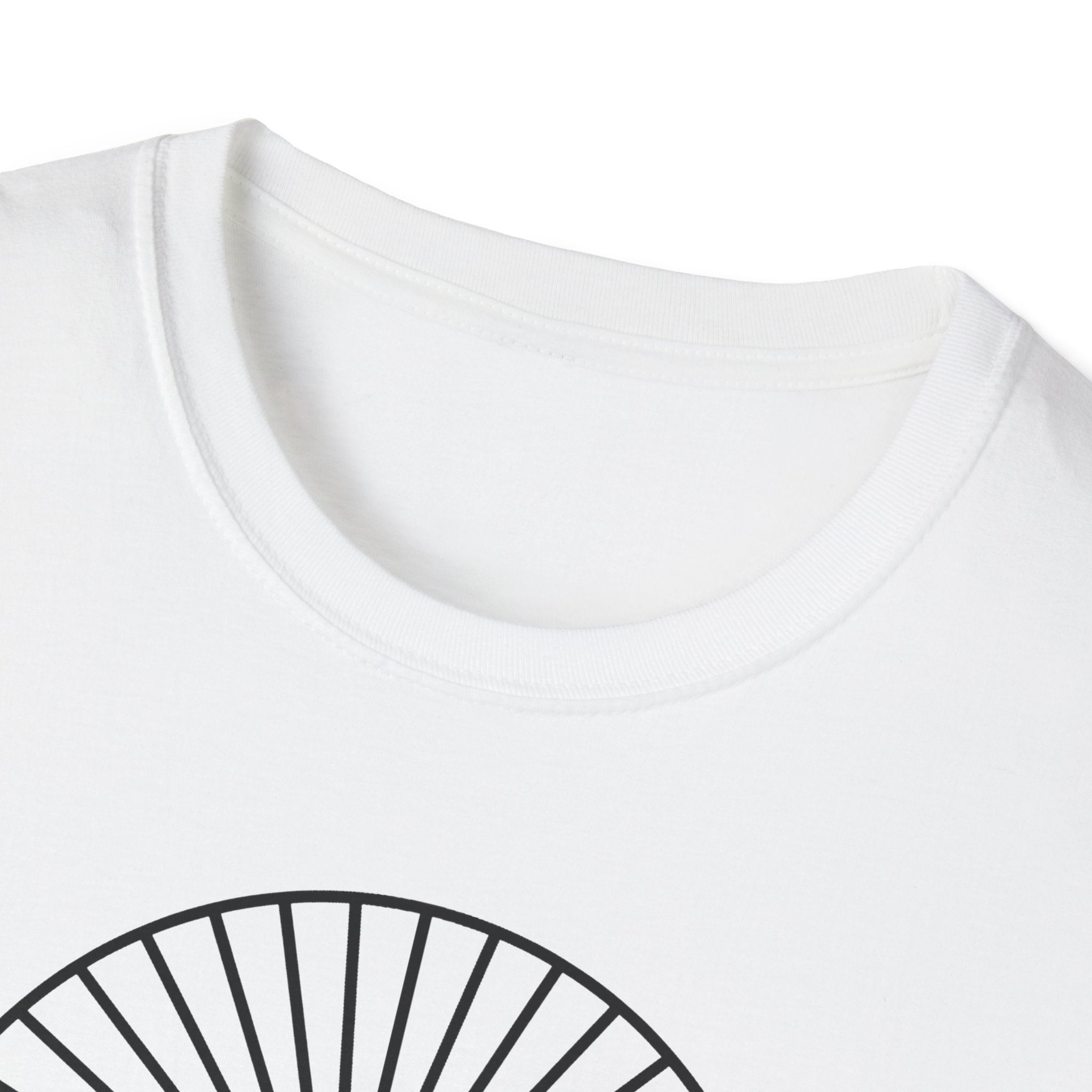 White t-shirt close-up of crew neckline and partial circular sunburst graphic