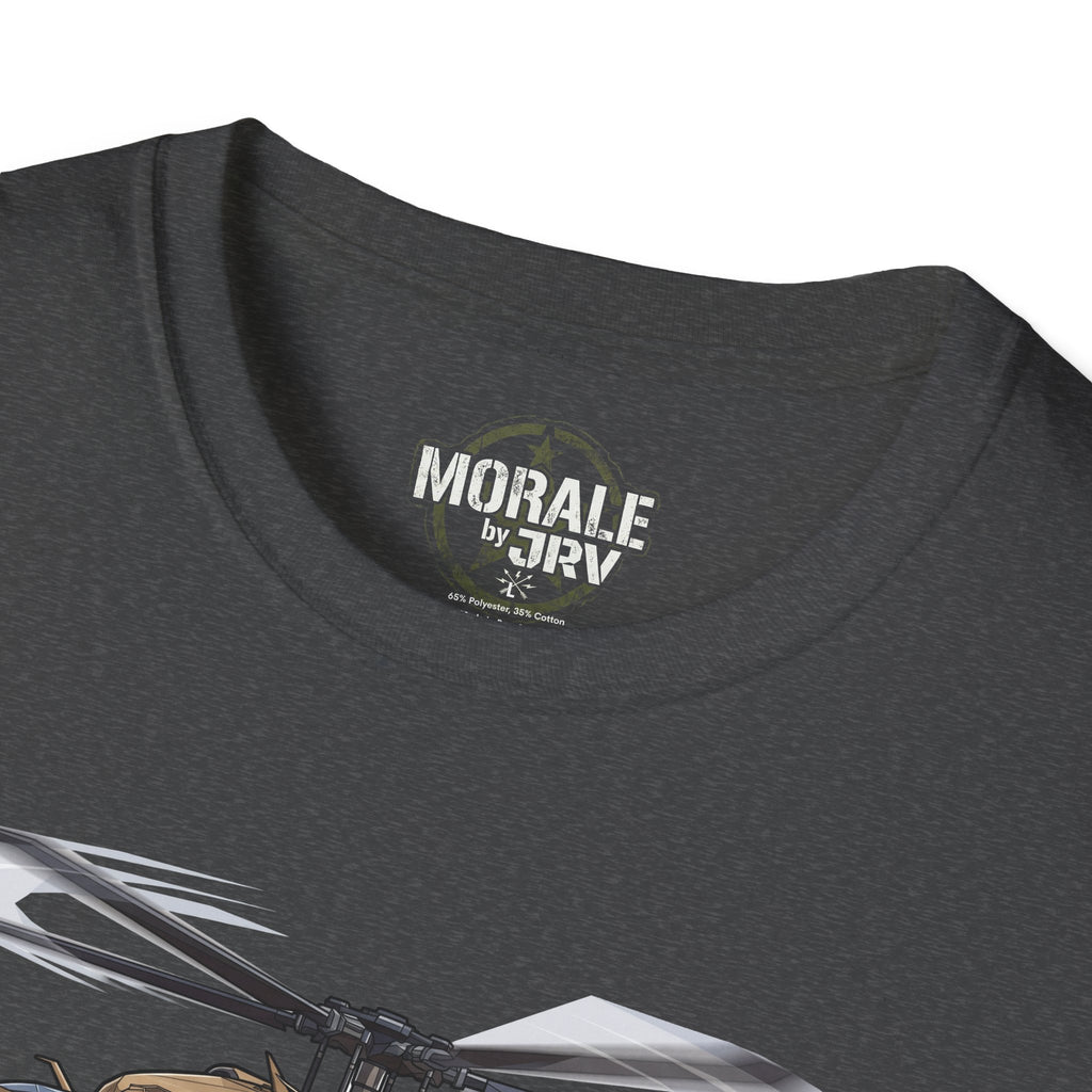 UH-60 Black Hawk T-Shirt, dark gray crew neck with “Morale by 3DRV” logo