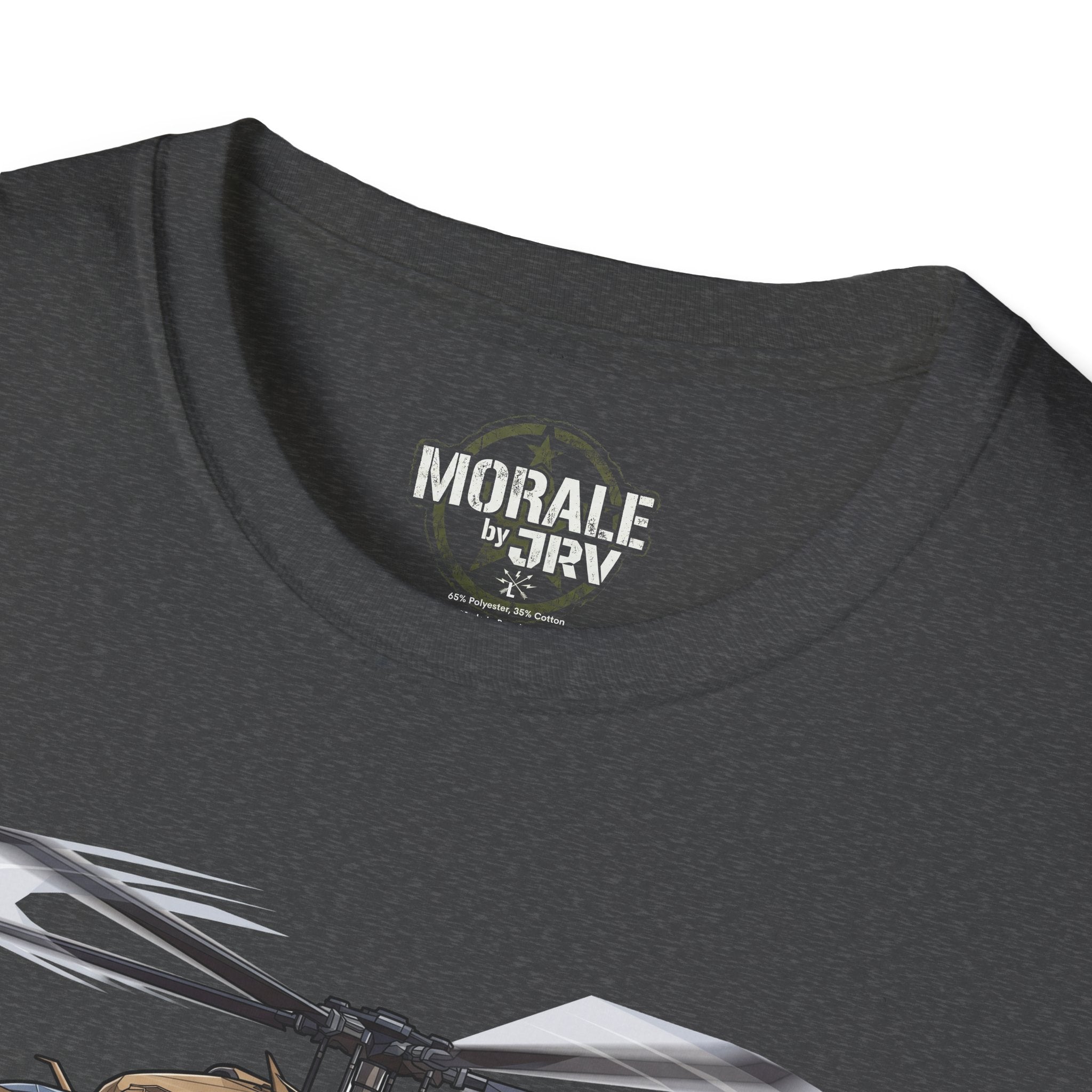 UH-60 Black Hawk T-Shirt, dark gray crew neck with “Morale by 3DRV” logo