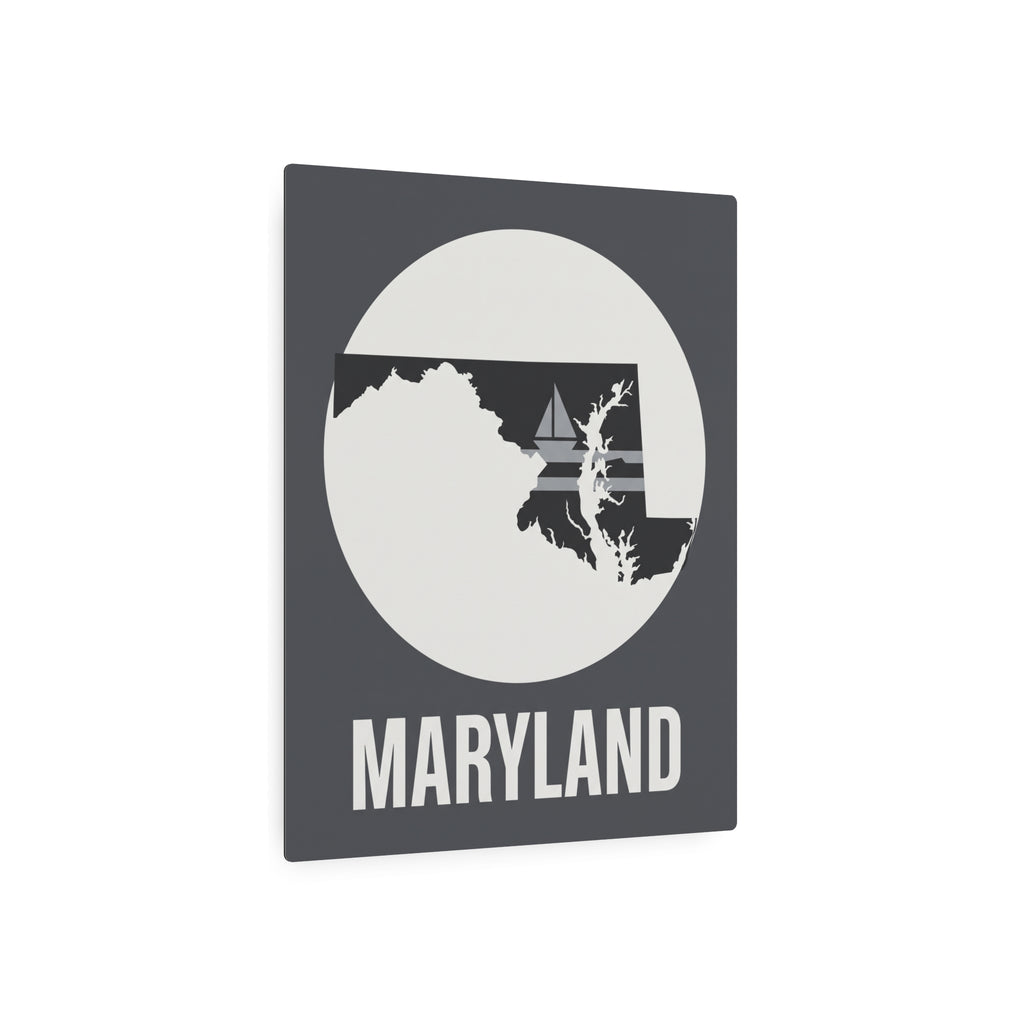 Maryland nautical sailboat metal art sign, dark gray with white circle and MARYLAND label