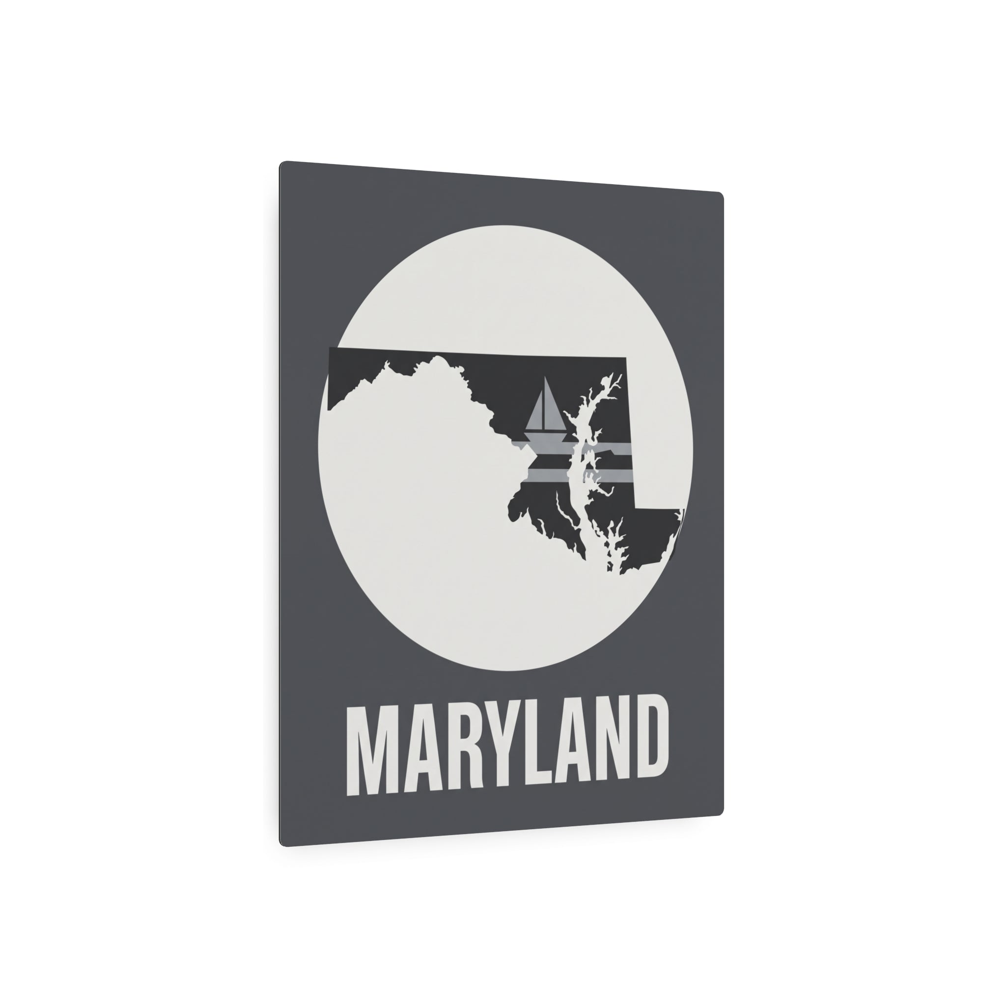 Maryland nautical sailboat metal art sign, dark gray with white circle and MARYLAND label