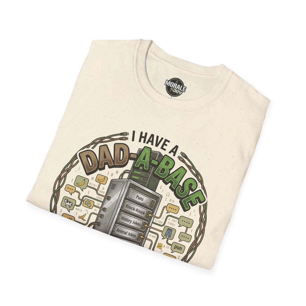 Natural/off-white T-shirt with "I HAVE A DAD-A-BRAG" retro computer graphic