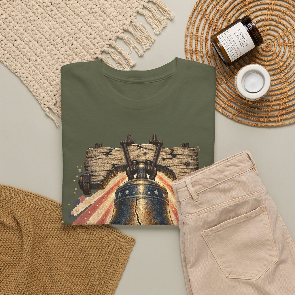 Military green short-sleeve crewneck T-shirt with patriotic liberty bell graphic.
